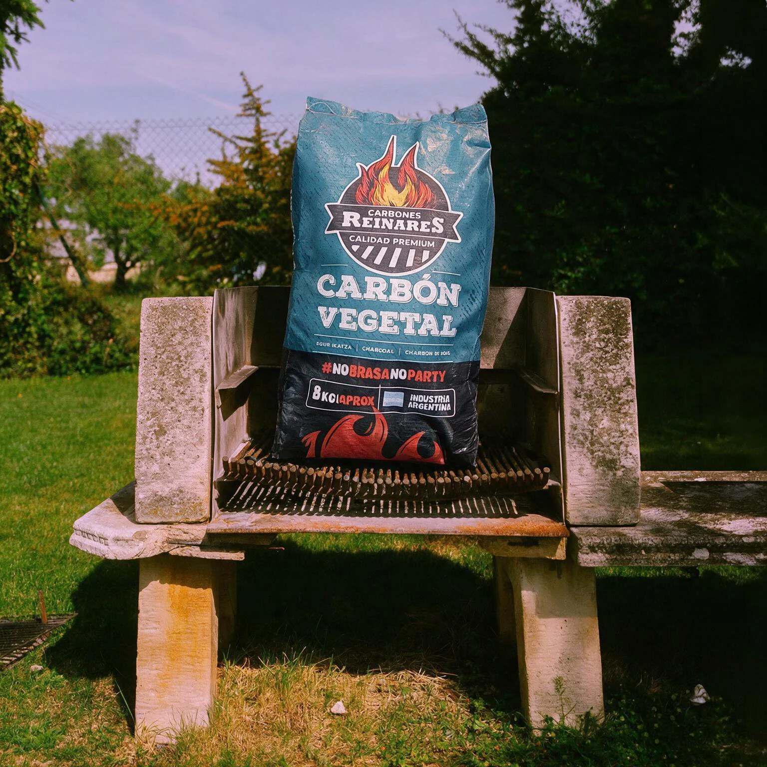 Saco de carbon vegetal de quebracho Reinares 8 kg sobre barbacoa