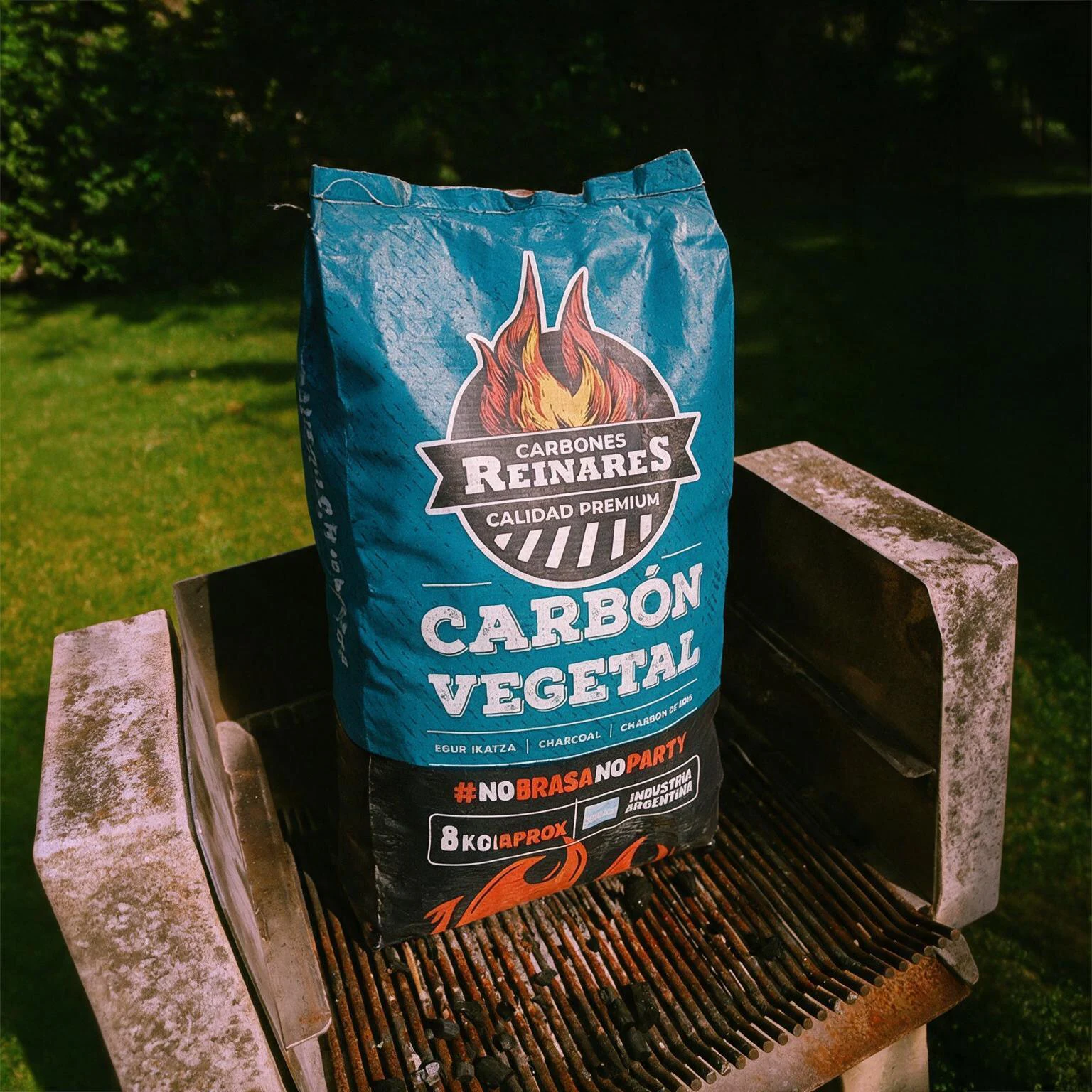 Saco de carbon vegetal de quebracho Reinares en barbacoa de piedra